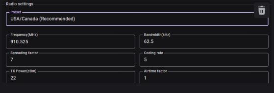 MeshCore Default USA/Canada Radio Settings